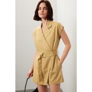 TOCCIN X RTR Khaki Brown Linen Blend Belted Utility Sarong Romper Size 10